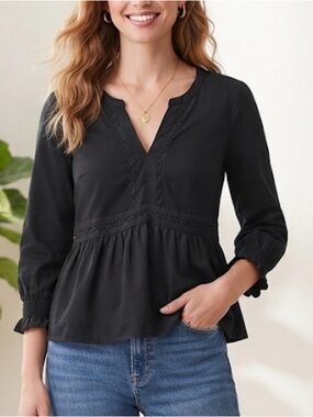LOFT Black V-Neck Peplum Top with Crochet Lace Detail (M)